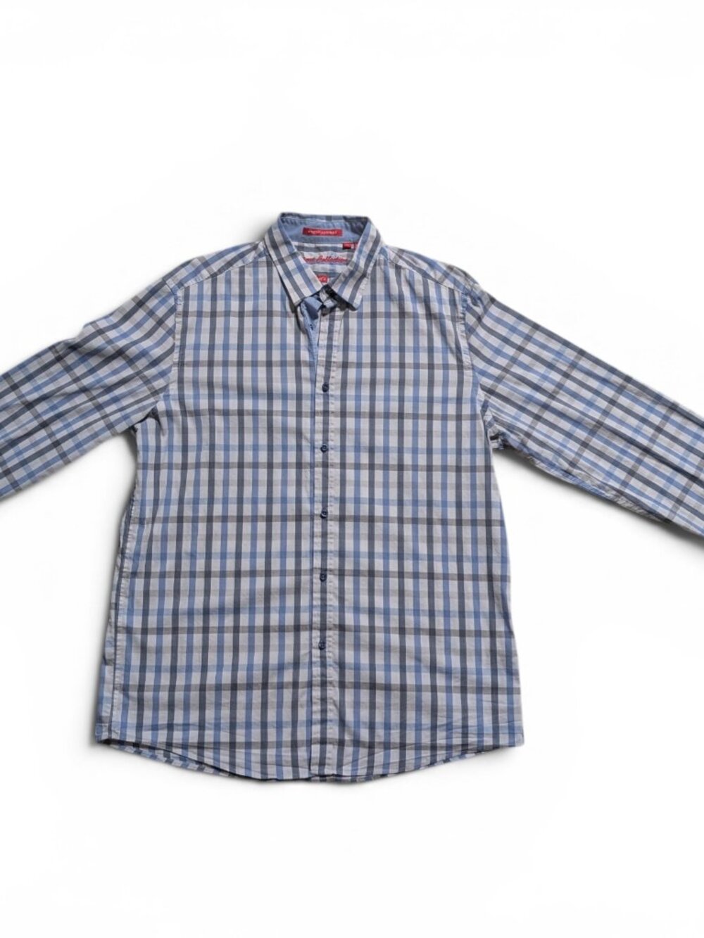 Report Collection Stretch Button Down Shirt Size L Blue Plaid — GUC